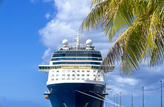 View of a large cruise ship docked at the pier with palm tree leaves in the foreground under a blue sky in Frederiksted, St. Croix, U.S. Virgin Islands.