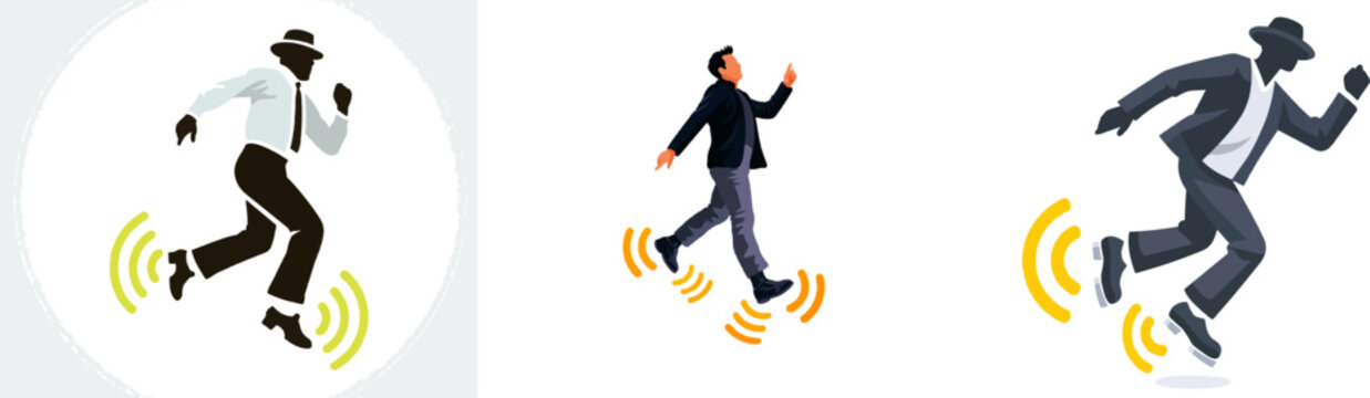 A tap dancer silhouette in mid-motion with stylized sound wave symbols around the shoes, rendered in a flat design style with bold geometric shapes, black, silver, and bright yellow color palette,