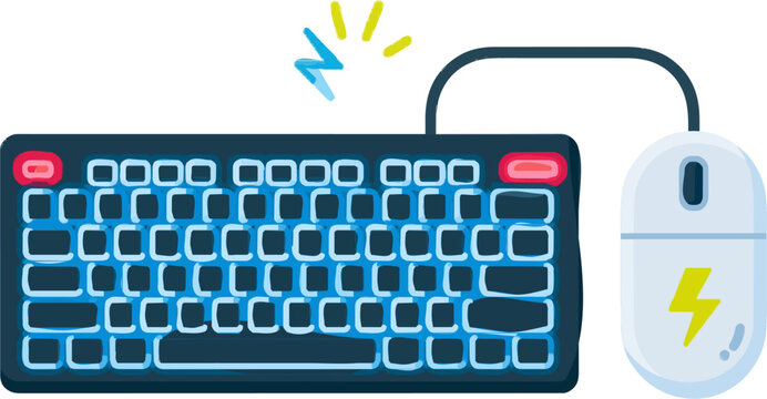 A sleek keyboard with glowing neon keys and a stylized mouse featuring a lightning bolt icon sit side by side in a top-down view against a clean white background