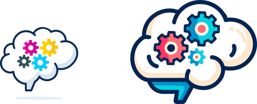 A minimalist brain icon with colorful mechanical gears inside turns in unison against a white background, showcasing sharp contrast and clean vector shapes