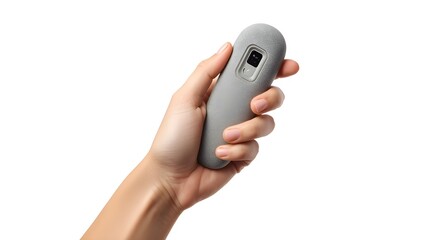 Fototapeta premium Close-up of a Person Holding Grey Ergonomic Handheld Anxiety Relief Device with Soft-Touch Texture Isolated on White Background