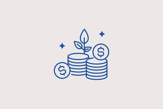 Stacks of coins with growing plant line icon for wealth accumulation strategies. Successful vector illustration for savings accounts, investment return guides, or banks.