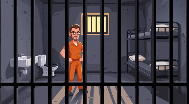 A vector illustration of a man in prison uniform standing inside a jail cell, with bunk beds and a toilet, showcasing the harsh reality of confinement