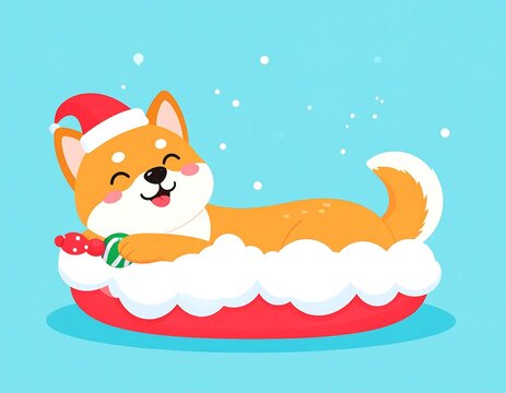 Cute Cartoon Dog Relaxing on Snowy Float Ring in Winter Blue Background