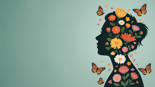 Floral silhouette of a woman s side profile filled with colorful blossoms and accompanied by butterflies botanical concept creative design flower arrangement