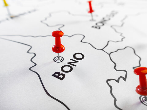 A white regional map of Ghana with a focused red pushpin marking the Bono region, creating a clear visual for logistics, localized targeting, or business planning.