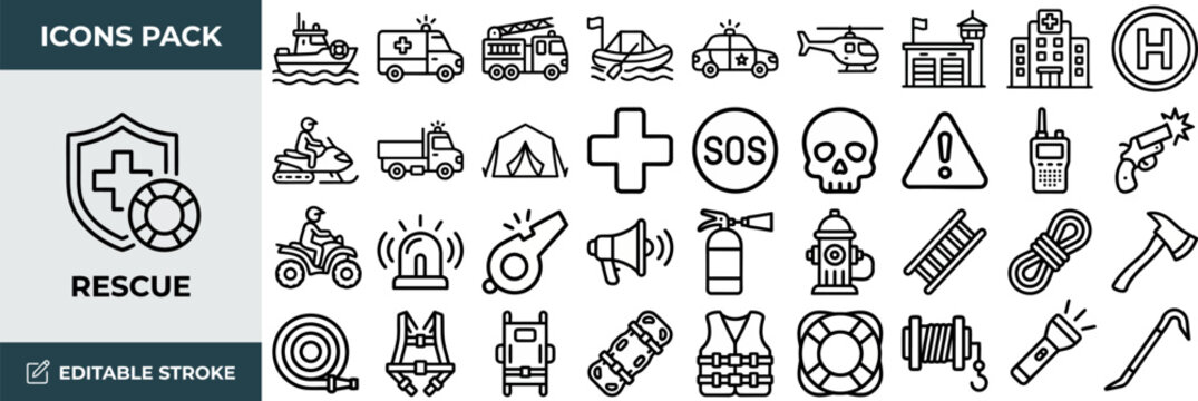 Rescue and Emergency Service outline icon set. Featuring ambulance, lifebuoy, siren, helmet, and first aid symbols. Editable stroke vector icons for emergency response app and rescue team platform.