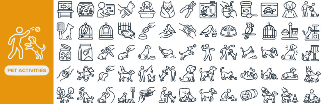 Pet Activity and Play outline icon set. Featuring fetch, walk, training, grooming, and toy symbols. Editable stroke vector icons for dog walking app and pet daycare service platform.