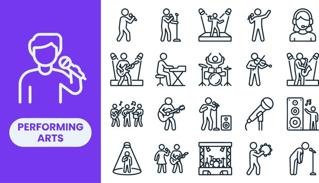 Performing Arts and Live Music outline icon set. Featuring singer, microphone, dancer, guitar, and stage symbols. Editable stroke vector icons for concert ticketing app and music event platform.