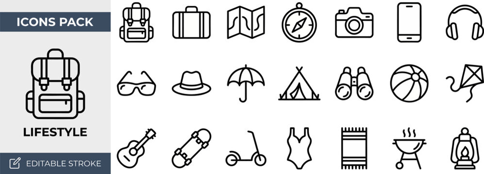 Lifestyle and Travel Essential outline icon set. Featuring backpack, hat, camera, sunglasses, and umbrella symbols. Editable stroke vector icons for travel blog and lifestyle shopping app.