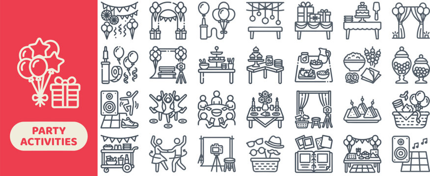 Party Decoration and Event Setup outline icon set. Featuring bouquet, lantern, garland, table, and arch symbols. Editable stroke vector icons for wedding planner app and event decor rental site.