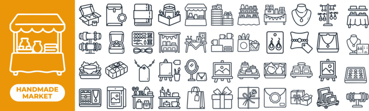 Handmade Market and Craft Booth outline icon set. Featuring stall, basket, gift, product, and tag symbols. Editable stroke vector icons for artisan e-commerce and craft fair vendor app.