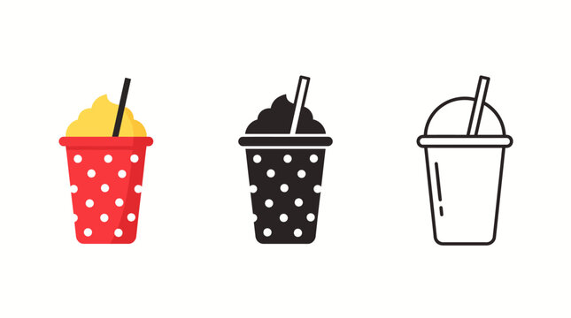 Set of stylized frozen drinks with straws and lids