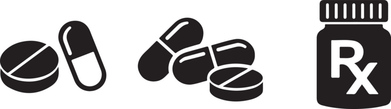 Pharmacy medicine icons pills capsules prescription bottle isolated white background vector eps file.