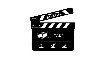 Naklejka premium Minimal black silhouette icon, simple flat vector, bold black shape, no, no shading film clapperboard icon on a, flat icon style