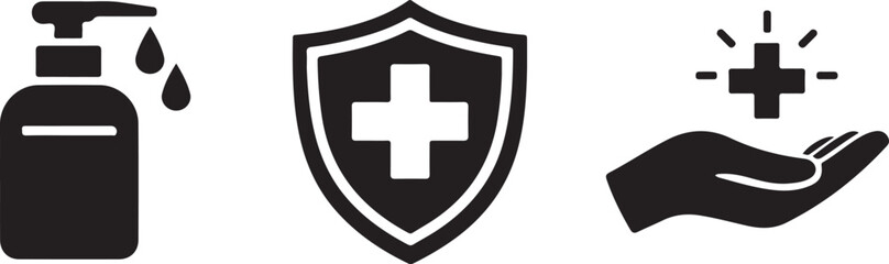 Fototapeta premium Icon pack featuring sanitizer bottle and healthcare shield for hygiene protection vector eps file.