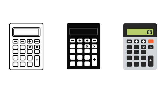 Set of three calculator icons in line art solid black and flat color styles for finance accounting and mathematical calculation tools