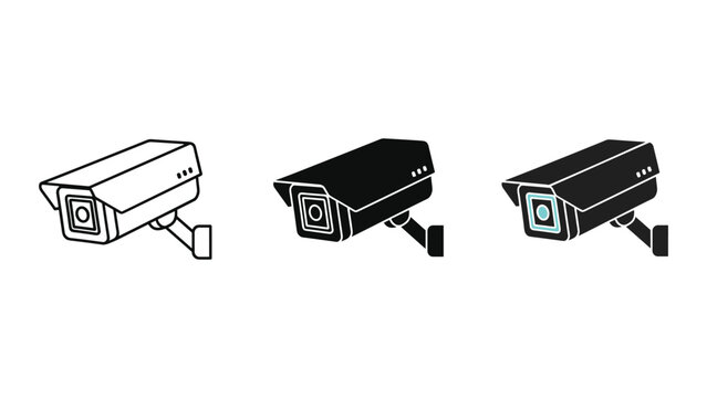 Set of three security camera icons in outline silhouette and colored flat design styles for surveillance and safety monitoring concepts