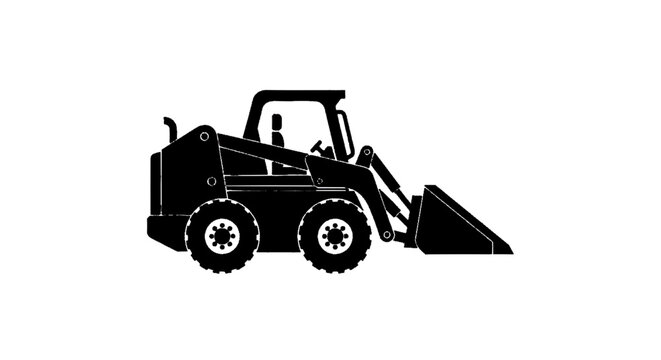Minimal black silhouette icon, simple flat vector, bold black shape, no, no shading black silhouette of a skid steer loader construction vehicle on a, flat icon style