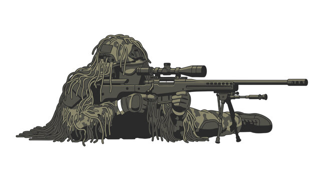 Soldier with sniper rifle camouflaged.