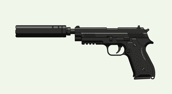Black pistol with silencer attached side.