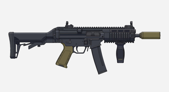 Black tactical rifle with silencer attached.