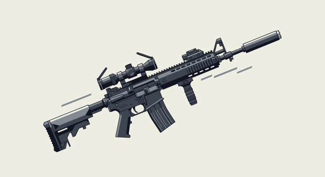 Black tactical sniper rifle with scope.