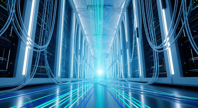 A long corridor in a modern data center illuminated by vibrant blue light, showcasing advanced network infrastructure and glowing server racks.