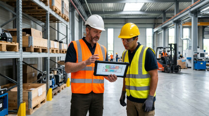 Naklejka premium Two male workers in safety vests and hard hats review project plans on a tablet in a warehouse setting.