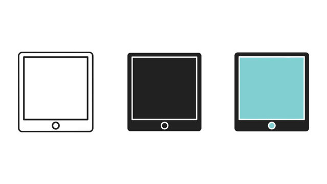 Set of three digital tablet icons in outline solid and flat design styles for mobile technology and touch screen device concepts