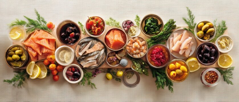 Assorted fish and seafood appetizers served on wooden board. Culinary platter with salmon, shrimp, olive and lemon, arranged for party buffet. Gourmet fresh mediterranean snack display.