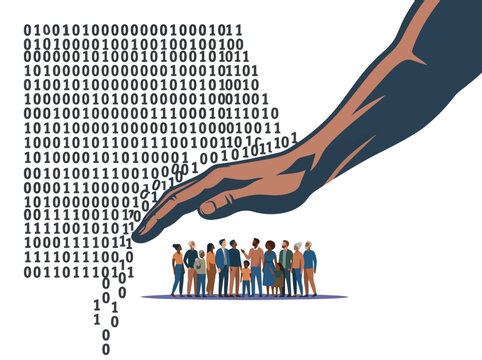 A stylized hand cradles a digital representation of diverse people, overlaid with binary code, symbolizing the protection of civil liberties from algorithmic bias. A vibrant, modern illustration.