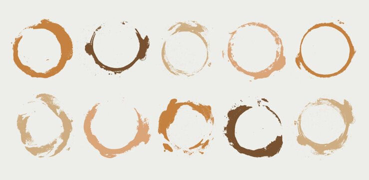 Coffee or tea cup stains in a row, circular coffee marks on a white background collection. Coffee stains, coffee rings, marks in a repeating pattern. Vector coffee stains round, ring texture set.