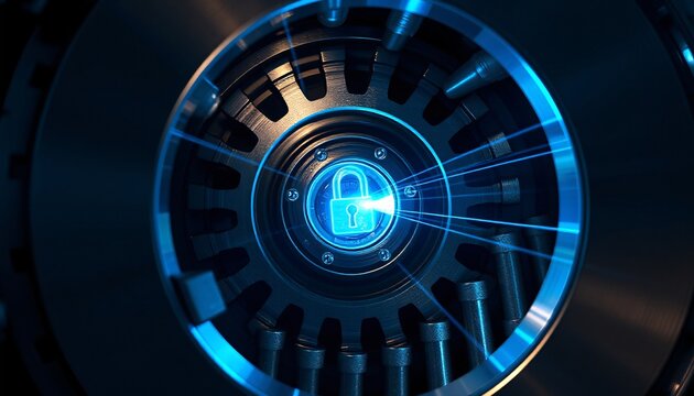 Extreme macro of a heavy titanium vault mechanism illuminated by futuristic glowing cyan lasers.