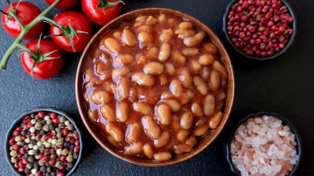 Beans in tomato sauce, a canned stew for the dinner table. Beans in tomato sauce as a food background for your design