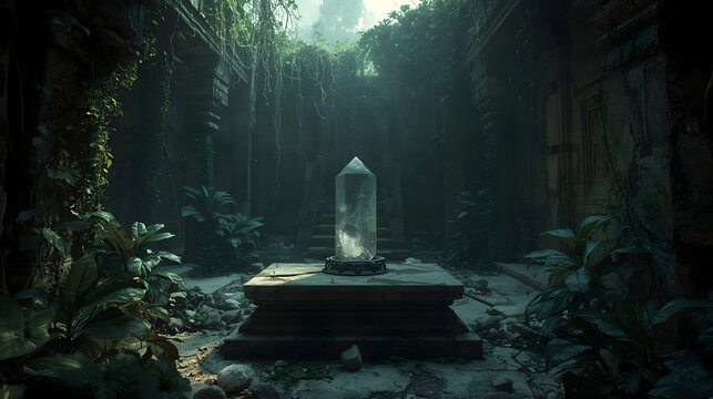 Ancient jungle temple ruin with a glowing crystal relic on a stone pedestal, surrounded by lush, overgrown foliage and mystical light.