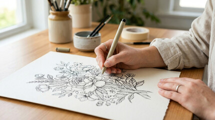 Naklejka premium A woman focuses on hand-drawing floral designs with a pen, showcasing creativity and artistry in a bright workspace.