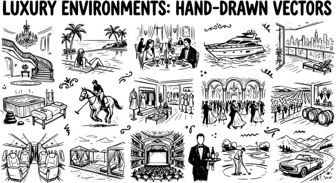 Luxury Environments Hand-Drawn Vector Set: Opulence, Leisure, and Sophistication in Black and White Line Art