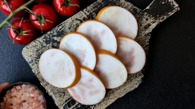 Slices of cooked chicken sausage for sandwiches and antipasto for dinner. Sausage slices as a food background for your design