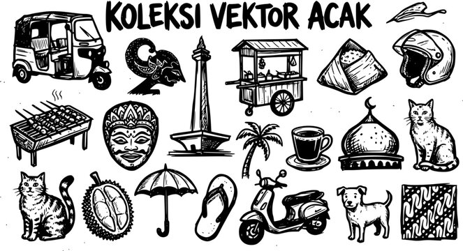 Black and White Hand-Drawn Indonesian Culture, Travel, Food, and Lifestyle Vector Collection: Landmarks, Animals, Transport, Street Food, and Traditional Elements Doodles