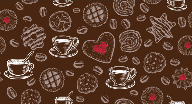 Dark seamless coffee and pastry pattern with cups, beans and desserts on brown background, warm cafe mood, food packaging, cozy coffeehouse style.