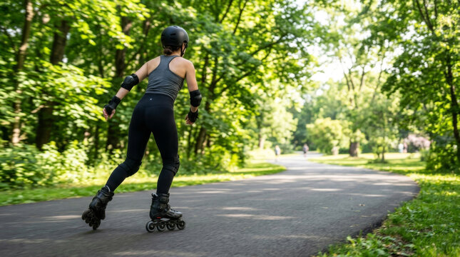 A young woman skating on rollerblades in a lush green park, enjoying a sunny day surrounded by nature.