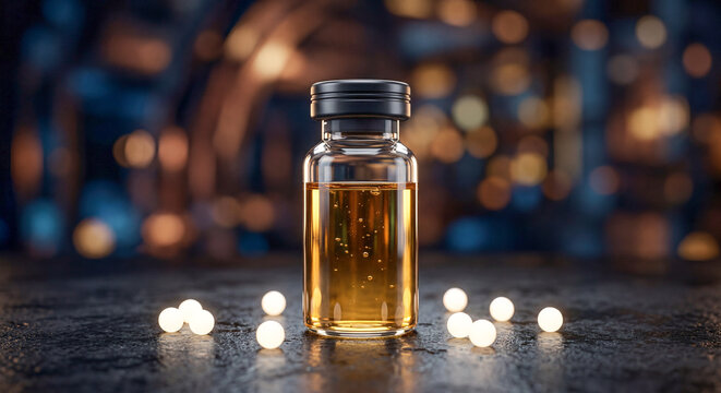 Luxury glass dropper bottle with amber cosmetic oil or perfume standing on a dark reflective surface with a beautiful blurry bokeh background