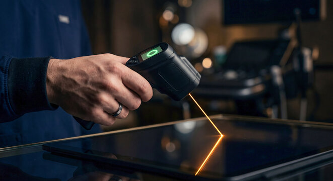 Professional hand holding a modern black laser scanner or temperature measuring device with a glowing beam on a dark technological background