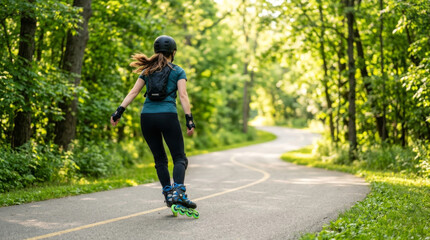 Fototapeta premium A young woman in protective gear rollerblading along a winding path in a lush green park.
