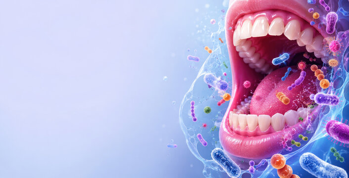 Oral microbiome concept with human mouth bacteria and colorful microorganisms in dental healthcare illustration