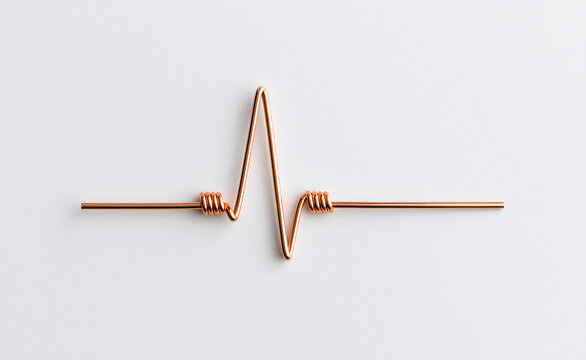 Copper wire forming a sharp pulse chart line on a minimalist surface