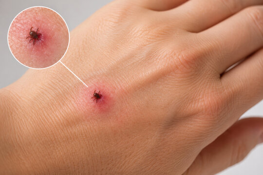 Tick bite on human hand with skin irritation and magnified parasite close up illustration