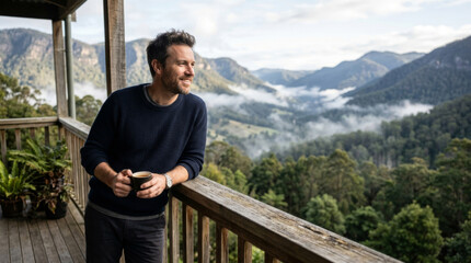 Naklejka premium A smiling Caucasian man enjoys coffee on a wooden porch, overlooking a breathtaking mountain landscape.