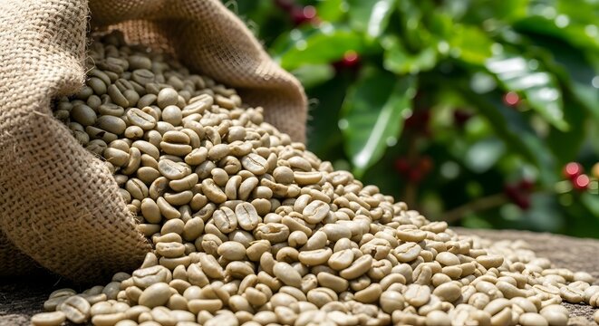 Unroasted green coffee beans spilling from burlap sack onto wood